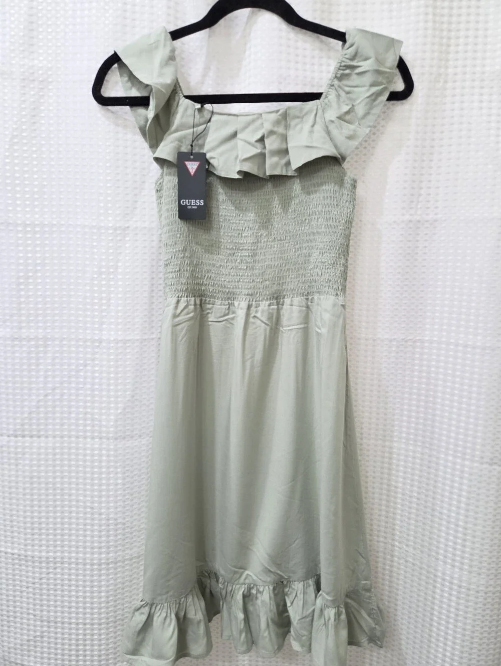 Guess Light Sage Green Smocked Ruffled Elastic-Waist Dress Girls Size 14